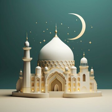 Illustration capturing the beauty of a moonlit mosque during Eid with Islamic details and motifs