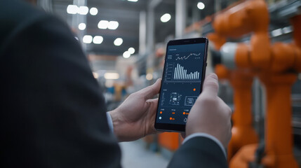 Poster - A businessman uses his smartphone to control a smart factory.  The phone app shows graphs and numbers about how well the robots and machines are working.