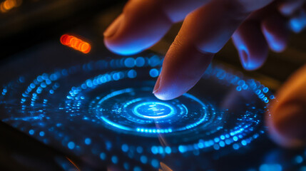 Poster - A finger gently touches a touchscreen, making a button light up.