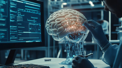 Poster - A scientist is working on a robot, giving it a brain and programming it to think and act like a human.  The robot's head is on a desk, and the scientist is carefully working on its cybernetic brain.