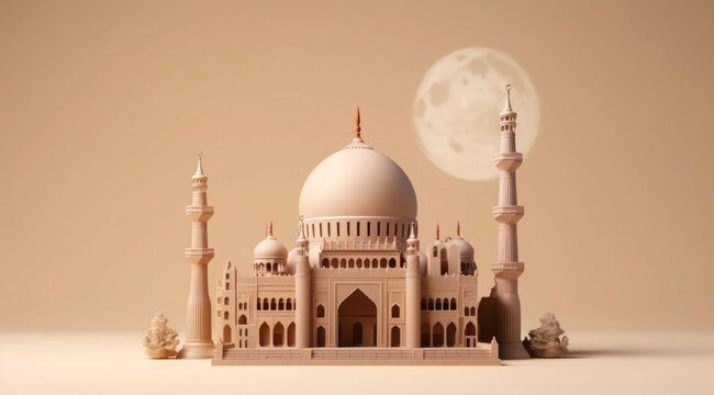 Illustration capturing the beauty of a moonlit mosque during Eid with Islamic details and motifs