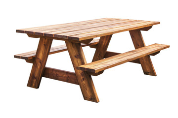 Wooden picnic table with benches, perfect for outdoor dining or gatherings, white isolated background.