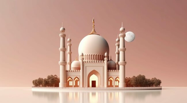 Illustration capturing the beauty of a moonlit mosque during Eid with Islamic details and motifs