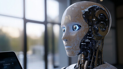 Poster - An AI chatbot, represented by a robot head, appears on a phone screen.  The chatbot interacts with a user through messaging, simulating a conversation.