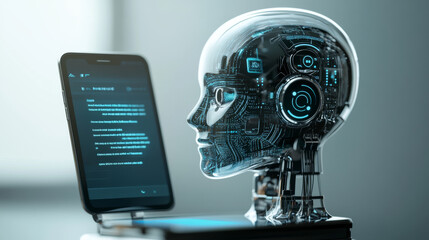 Poster - An AI chatbot, represented by a robot head, appears on a phone screen.  The chatbot interacts with a user through messaging, simulating a conversation.