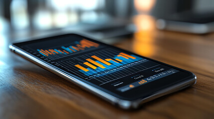 Poster - A smartphone screen displays a business graph and data. This visual helps analyze trends and financial plans using charts.