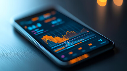 Poster - A smartphone screen displays a business graph and data. This visual helps analyze trends and financial plans using charts.