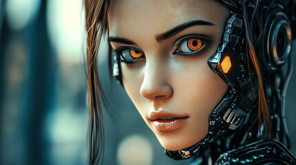 Poster - A stunning robotic woman, possibly a cyborg, gazes intently into the camera. The image showcases the advanced technology of artificial intelligence, creating a futuristic and captivating portrait.