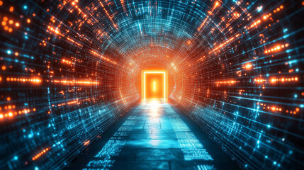 Poster - A glowing door in a tunnel filled with digital lights. This futuristic image represents a gateway to the virtual world, a portal to cyberspace or the metaverse.