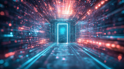 Poster - A glowing door in a tunnel filled with digital lights. This futuristic image represents a gateway to the virtual world, a portal to cyberspace or the metaverse.
