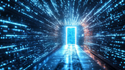 Poster - A glowing door in a tunnel filled with digital lights. This futuristic image represents a gateway to the virtual world, a portal to cyberspace or the metaverse.