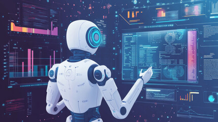 Poster - AI helps businesses understand their data better and find ways to work more efficiently. This illustration shows how AI works in a company.