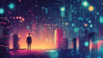 Poster - AI helps businesses understand their data better and find ways to work more efficiently. This illustration shows how AI works in a company.