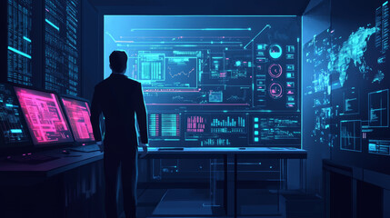 Poster - AI helps businesses understand their data better and find ways to work more efficiently. This illustration shows how AI works in a company.