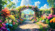 © Your Hand Please - fairytale garden adorned with colorful floral arches, inviting viewers into a whimsical realm filled with nature's beauty and enchantment, evoking feelings of joy and tranquility