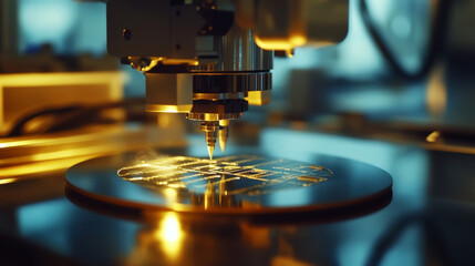 Poster - A factory uses lasers on robotic arms to cut tiny chips from silicon wafers. These chips are used to make computer processors (CPUs). The wafers are like thin, round slices of a crystal.