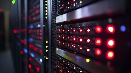 Poster - A server rack with bright lights represents a data center or digital storage facility. This symbolizes the world of cloud computing and how data is processed and stored.