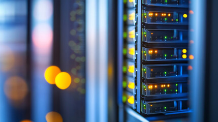 Poster - A server rack with bright lights represents a data center or digital storage facility. This symbolizes the world of cloud computing and how data is processed and stored.