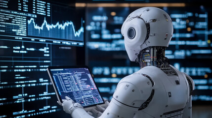 Poster - AI is changing the financial world.  Machines analyze financial data and make trading decisions, just like human traders but faster and with more data.
