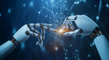 Poster - Industry 4.0 uses artificial intelligence (AI) and neural networks. Imagine robot arms building AI systems in a virtual world. This represents the future of manufacturing and technology.