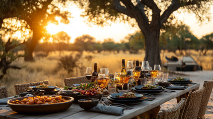 cozy dinner set against a stunning bright sky during a glamping experience. Soft lighting illuminates the table, creating a magical atmosphere that symbolizes connection with nature and serenity