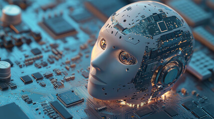 Poster - Developing AI chatbots.  A robot head, representing AI, is shown next to computer chips.  This image represents the technology behind online chatbots, powered by advanced AI systems.
