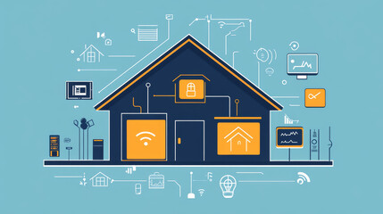 Poster - A smart home system uses the internet to control devices, making your house more automated. The logo shows a house with technology symbols, highlighting the concept of smart technology.