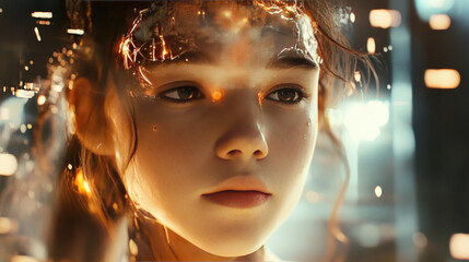 Poster - a cyborg girl with an electronic brain is powered by artificial intelligence. this ai is trained usi