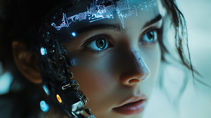 Poster - a cyborg girl with an electronic brain is powered by artificial intelligence. this ai is trained usi