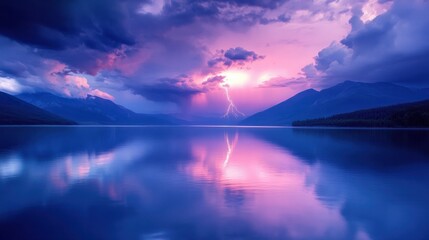 a thundercloud over a calm lake, with lightning striking and dramatic reflections on the water.