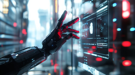 Poster - A person experiences virtual reality, with their hand appearing robotic. This futuristic scene is perfect for a technology-themed design, like a logo or banner.