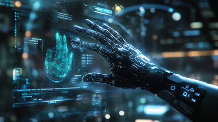 Poster - A person experiences virtual reality, with their hand appearing robotic. This futuristic scene is perfect for a technology-themed design, like a logo or banner.