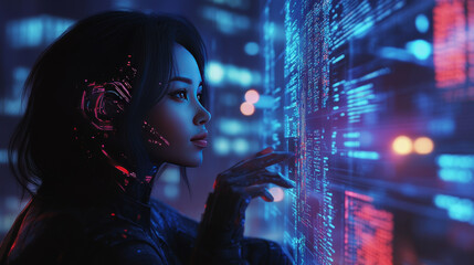 Poster - A beautiful robot woman sits in a human's hand, studying data on a futuristic screen. She's a cyborg with advanced AI, using complex technology to analyze information. This shows how AI is changing.