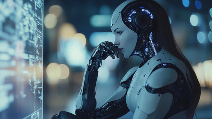 Poster - A beautiful robot woman sits in a human's hand, studying data on a futuristic screen. She's a cyborg with advanced AI, using complex technology to analyze information. This shows how AI is changing.