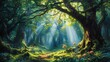 © Siriroj - Mystical Druidic Forest with Beams of Sunlight Filtering Through Lush Verdant Foliage