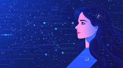 Poster - Wise woman represents artificial intelligence in a futuristic, blue banner.  AI uses cybernetics to analyze data and a neural network to process information.The interface is made up of computer icons.