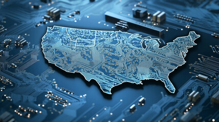 Poster - A futuristic image of the USA, designed like a circuit board. It shows how technology is a crucial part of the American economy, similar to the microchips and processors that power our electronics.
