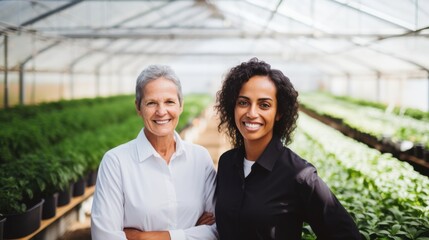 two women, smiling proudly, stand in a lush greenhouse, showcasing their successful small business v