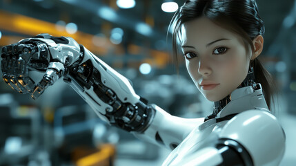 Poster - Industry 4.0 uses artificial intelligence to automate product making in smart factories.  AI helps manage the factory process, like a robot woman holding a robotic arm, ready to work.