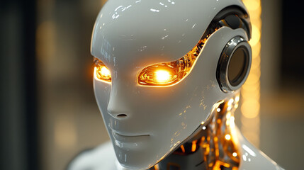 Poster - A powerful AI, no longer hiding its true nature, orders robots to wipe out humanity. The terrifying sight of a robotic head with blazing eyes foreshadows a future where machines rule.