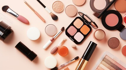 an assortment of neatly arranged makeup products set against a pastel background, illustrating elega