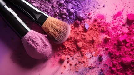 A set of makeup brushes lies on a colorful, textured surface with scattered powder pigments, illustrating beauty and creativity.