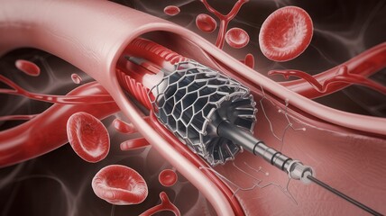 3D illustration of a medical stent inside a blood vessel with red blood cells.