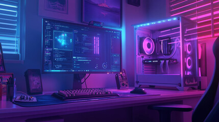 Poster - A gaming computer sits on a desk in a gamer's room, bathed in neon light. The PC monitor shows an abstract game interface. It's a gaming streamer's setup, complete with a neon-lit cooler.