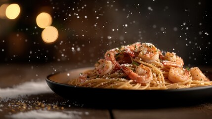 Sticker - A plate of pasta with shrimp and parmesan sprinkled with salt