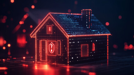 Poster - A smart home security system protects your internet-connected devices. Imagine a 3D house with lights, numbers, and a shield to show how safe it is.