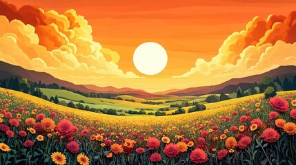 Poster - Stunning panoramic view of a beautiful rural landscape featuring rolling hills and meadows under a sunny sky during springtime