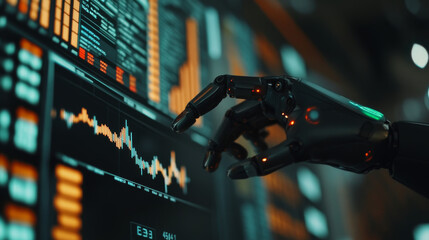 Poster - A robotic hand points at a chart showing financial data. Software powered by artificial intelligence helps analyze the stock market.