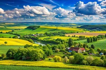 Wall Mural - Scenic View of Ukraine's Countryside with Lush Green Fields and Vibrant Blue Sky in Summer