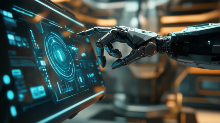 Poster - A robotic arm, like a hand, pushes a button on a futuristic, see-through screen. It shows how robots might work in the future.